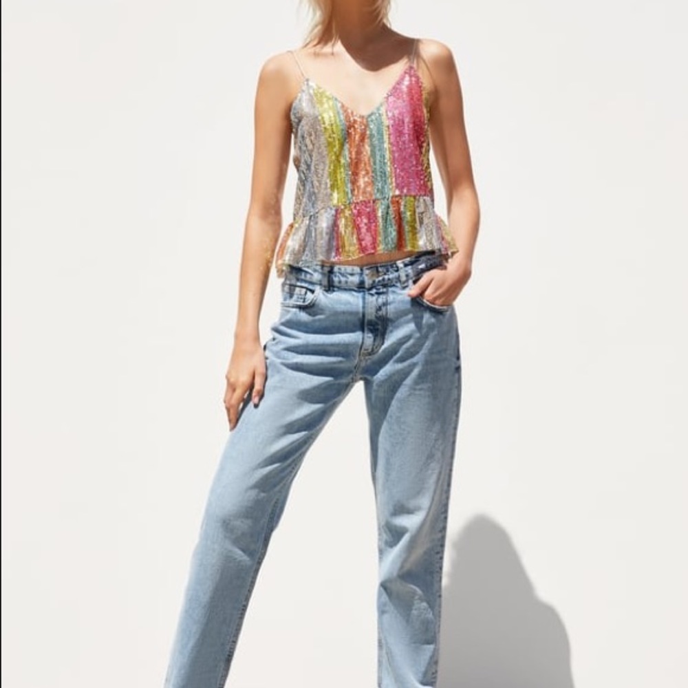 Zara rainbow stripe sequined tank top Sz L